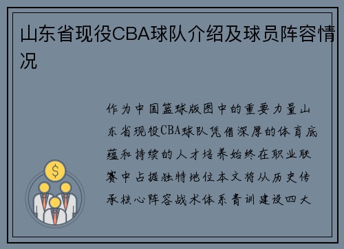 山东省现役CBA球队介绍及球员阵容情况