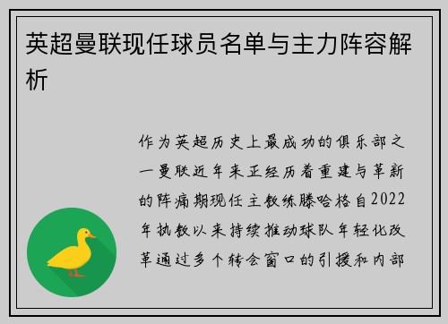 英超曼联现任球员名单与主力阵容解析